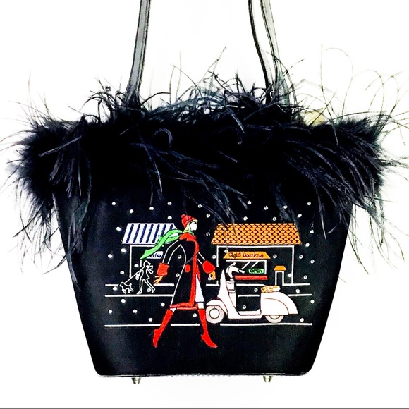 Handbags - Embroidered Black Boa Feather Top Handbag